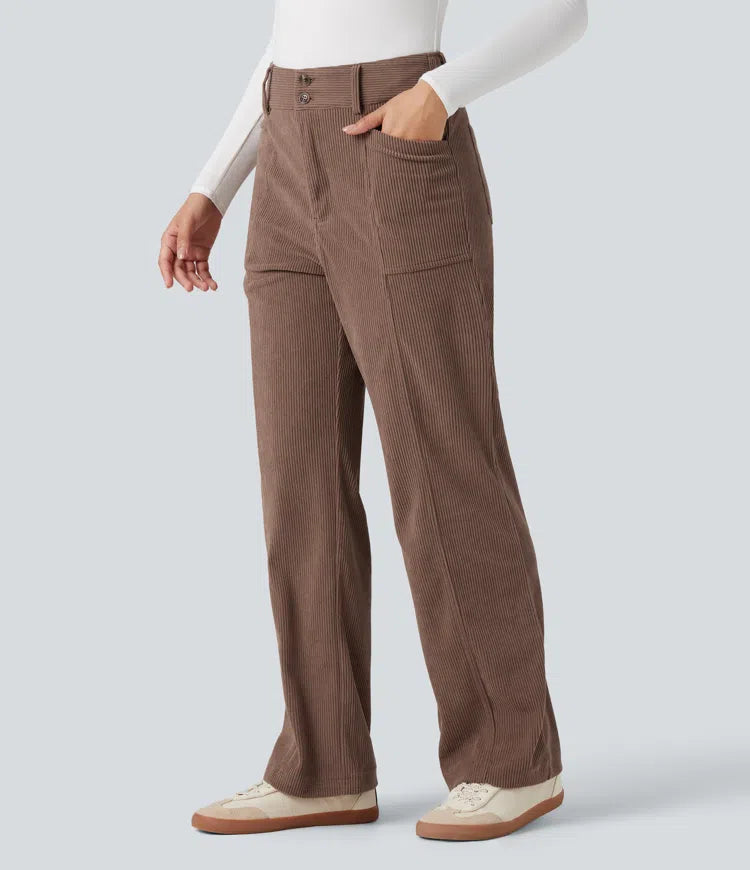 High Waisted Corduroy Casual Straight Leg Pants with Pockets