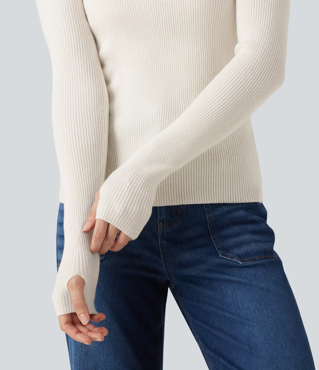 High Neck Long Sleeve Thumb Hole Work Wool-Blend Sweater