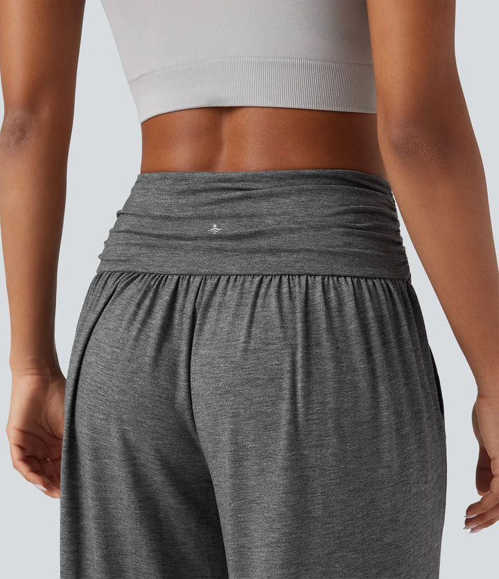 High Waisted Ruched Heathered Yoga Baggy Pants with Pockets
