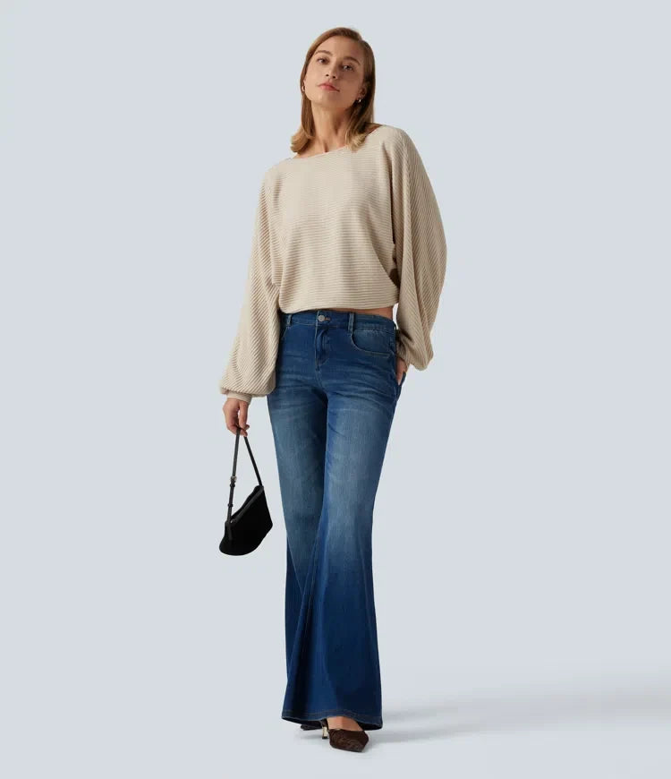 Ribbed Knit Boat Neck Long Sleeve V Back Casual Top