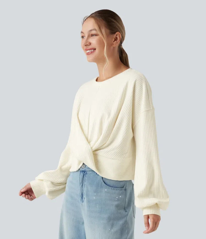 Ribbed Knit Round Neck Long Sleeve Twisted Hem Casual Sweatshirt