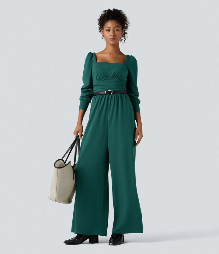 Square Neck Long Sleeve Work Jumpsuit with Pockets-Easy Peezy Edition
