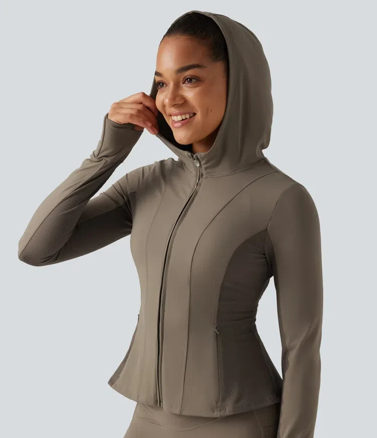 Halara UltraSculpt Hooded Long Sleeve Ruffle Hem Yoga Track Jacket with Pockets and  Thumb Holes