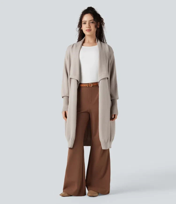 Lapel Long Sleeve Longline Work Cardigan with Pockets