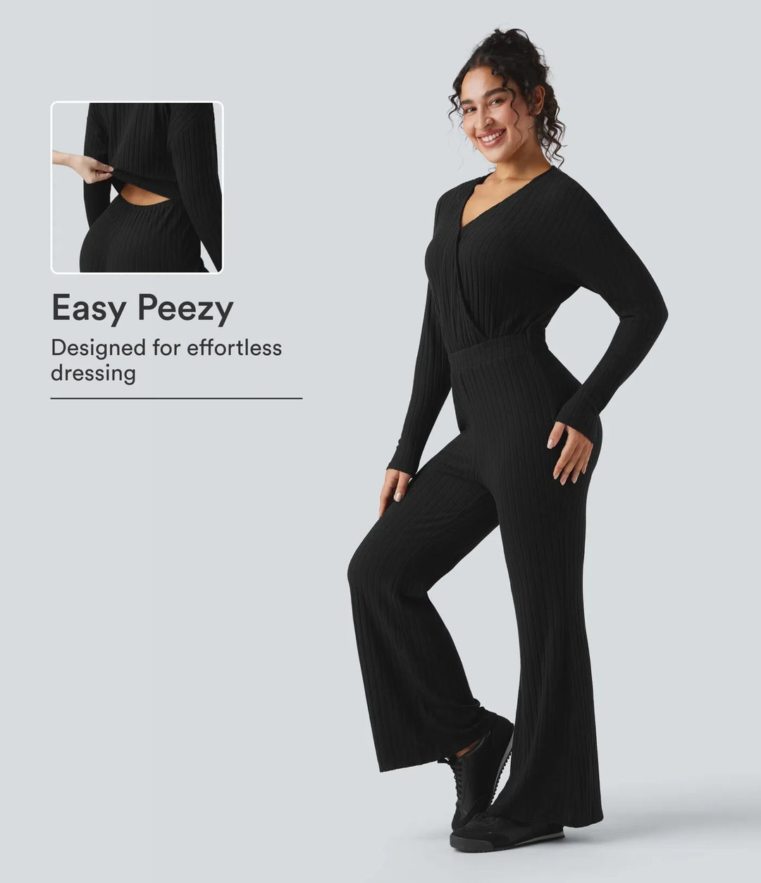 Ribbed Knit V-neck Long Sleeve Casual Jumpsuit-Easy Peezy