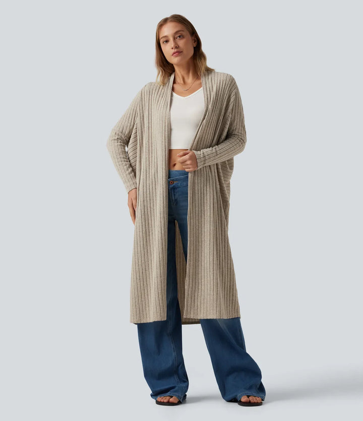 Ribbed Knit Batwing Long Sleeve Belted Casual Longline Cardigan