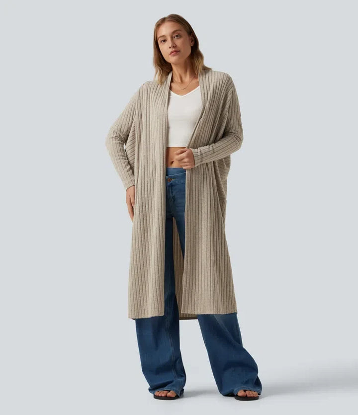 Ribbed Knit Batwing Long Sleeve Belted Casual Longline Cardigan