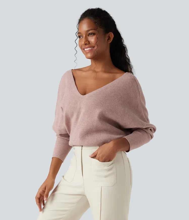 V Neck Long Sleeve Casual Sweater-Front and Back Wearable
