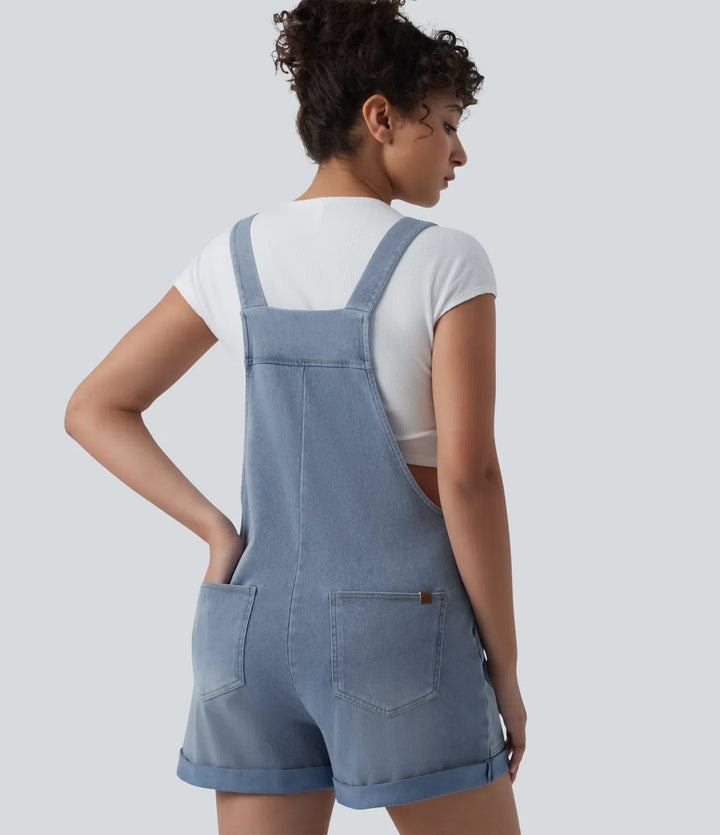 Halara Flex Square Neck Rolled Hem Denim Casual Short Overalls with Pockets