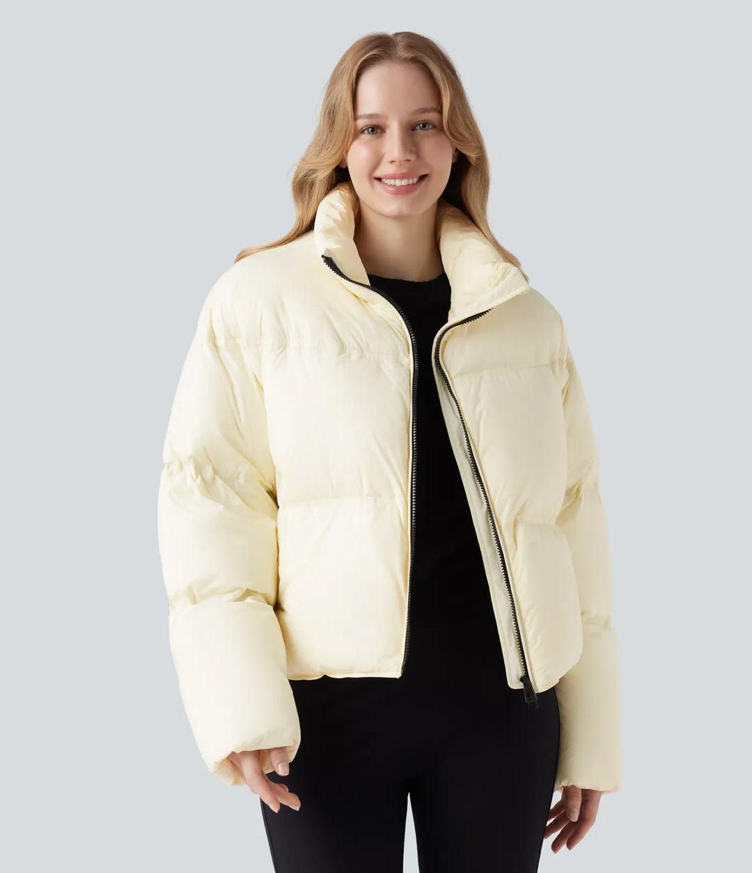Stand Collar Drawstring Hem Casual Puffer Down Jacket with Pockets