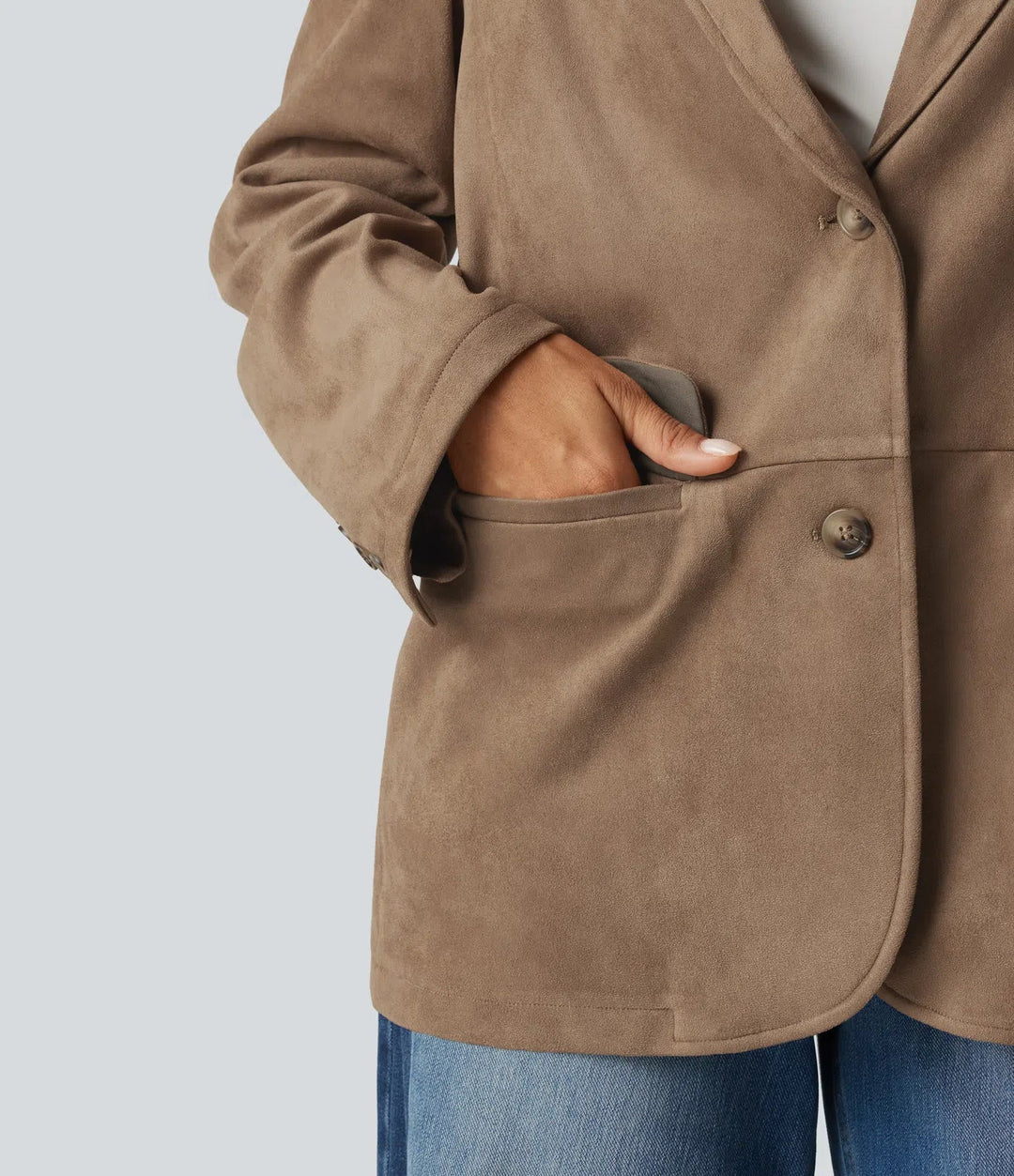 Notched Collar Long Sleeve Suede Casual Blazer with Pockets