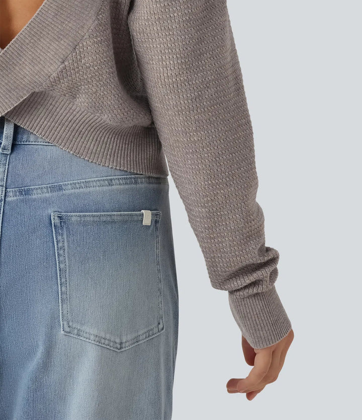 Round Neck Long Sleeve Cut-Out Back Casual Sweater