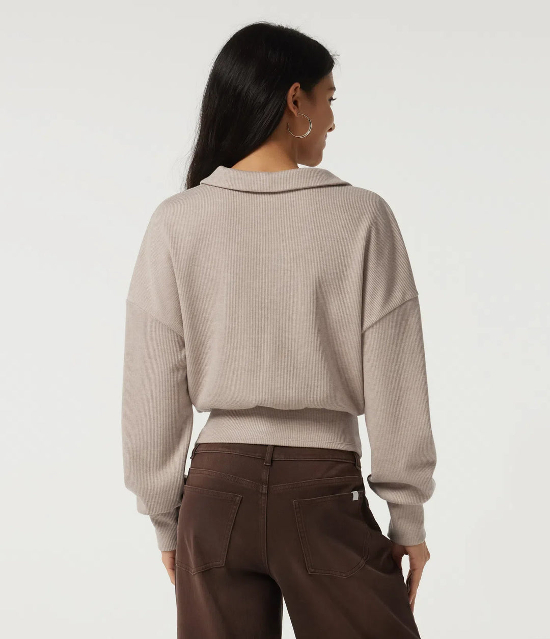 Ribbed Knit Lapel Long Sleeve Casual Top