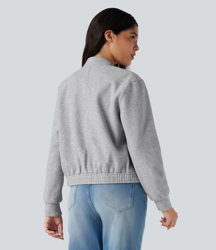 Stand Collar Long Sleeve Fleece Casual Bomber Jacket with Pockets