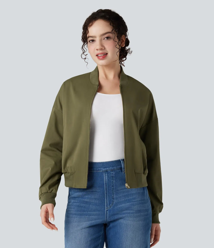 Zipper Fly Relaxed Casual Bomber Jacket with Pockets
