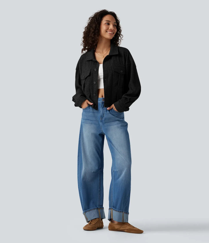 Long Sleeve Knit Waffle Casual Jacket with Pockets