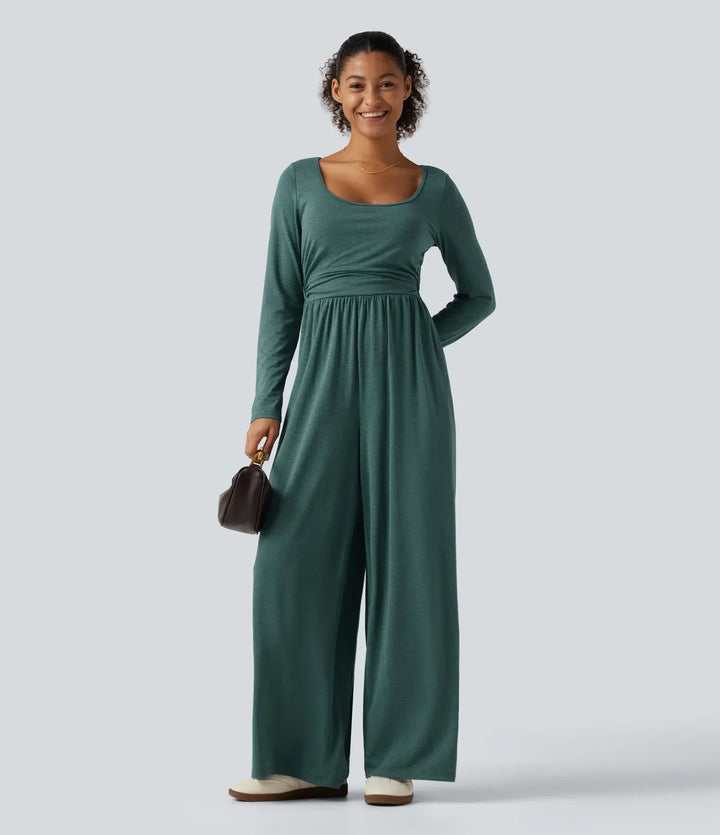 Scoop Neck Long Sleeve Built-in Bra Wide Leg Ruched Casual Jumpsuit with Pockets-Easy Peezy Edition