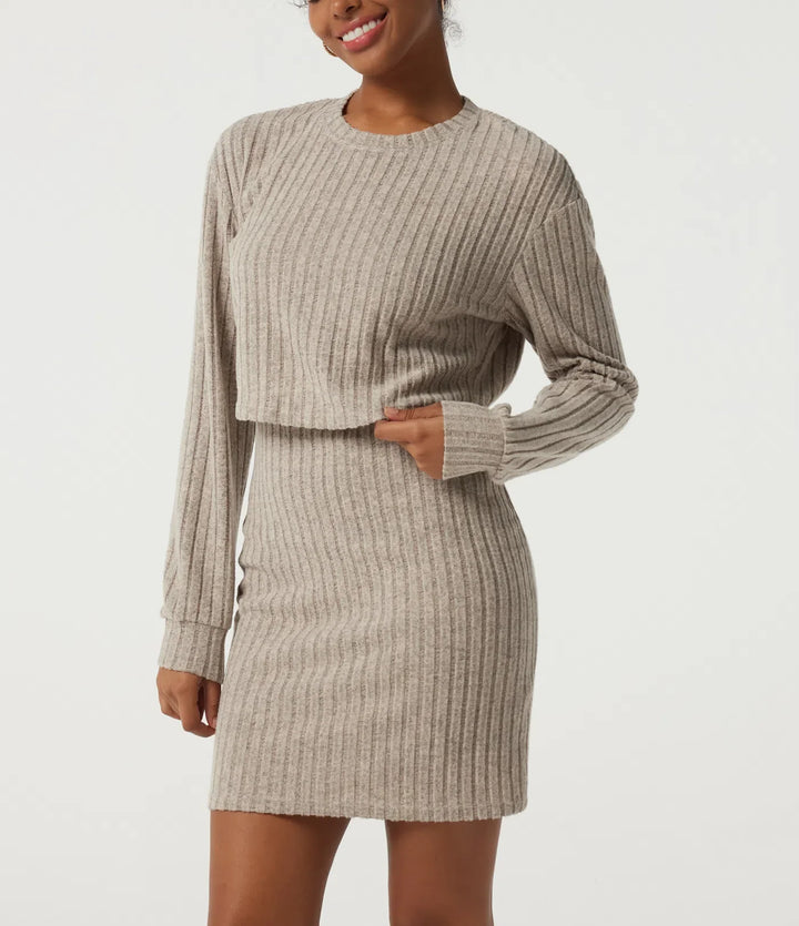 Ribbed Knit Round Neck Long Sleeve 2-Piece Bodycon Mini Casual Dress