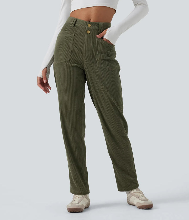 Mid Rise Tapered Corduroy Casual Pants with Pockets