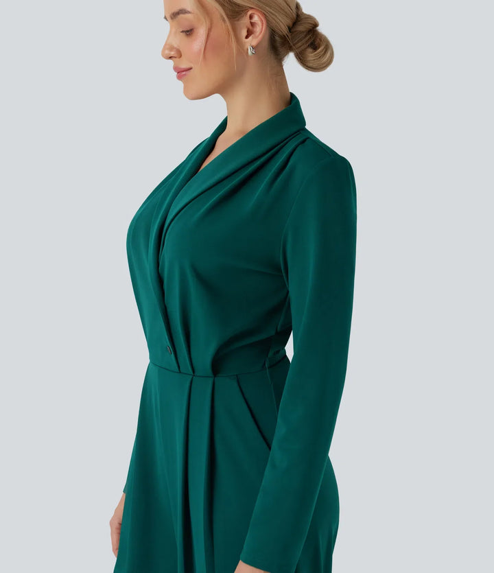 V-neck Long Sleeve Belted Jumpsuit with Pockets-Easy Peezy