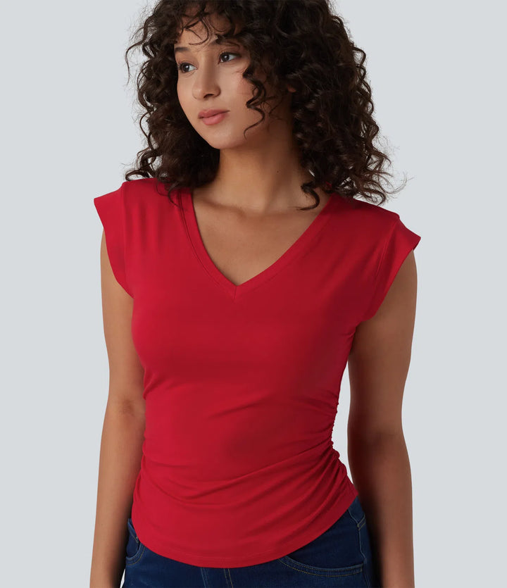 V Neck Cap Sleeve Curved Hem Ruched Casual T-Shirt