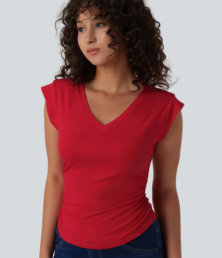 V Neck Cap Sleeve Curved Hem Ruched Casual T-Shirt
