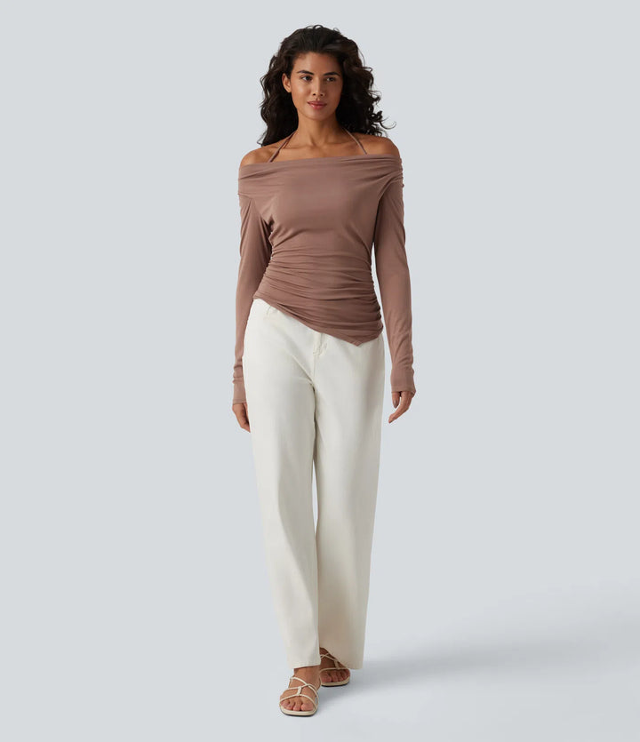 Ribbed Halter Off Shoulder Long Sleeve Ruched Asymmetric Hem Casual Top