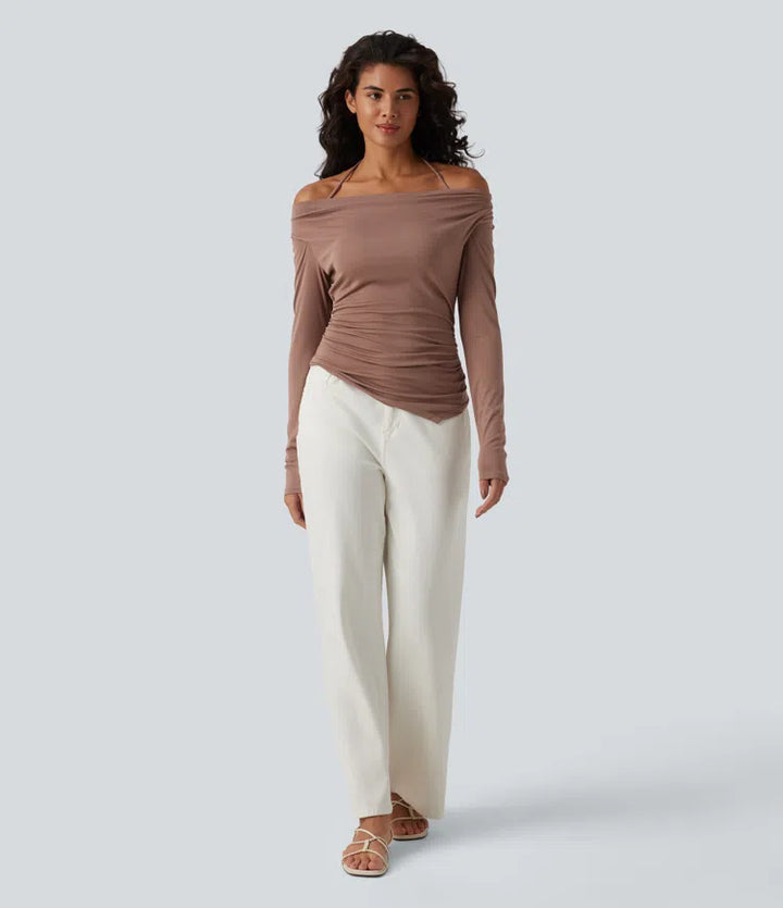 Ribbed Halter Off Shoulder Long Sleeve Ruched Asymmetric Hem Casual Top