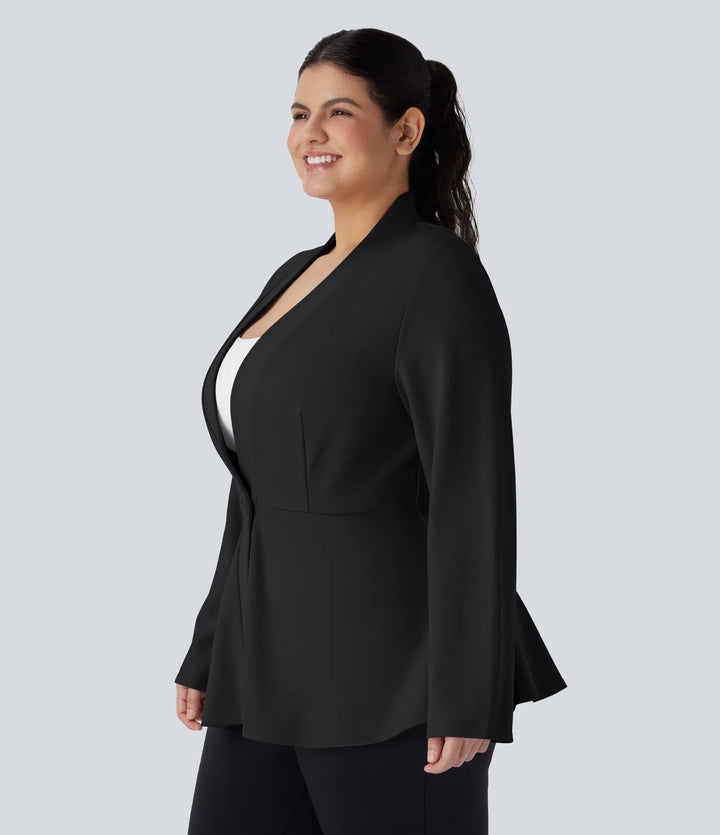 Plus Size V Neck Long Sleeve Single Front Work Peplum Jacket
