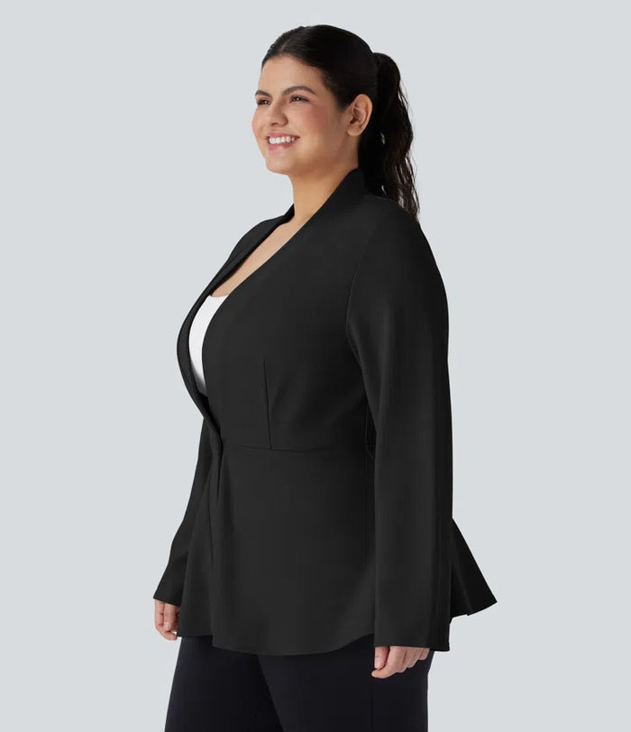 Plus Size V Neck Long Sleeve Single Front Work Peplum Jacket