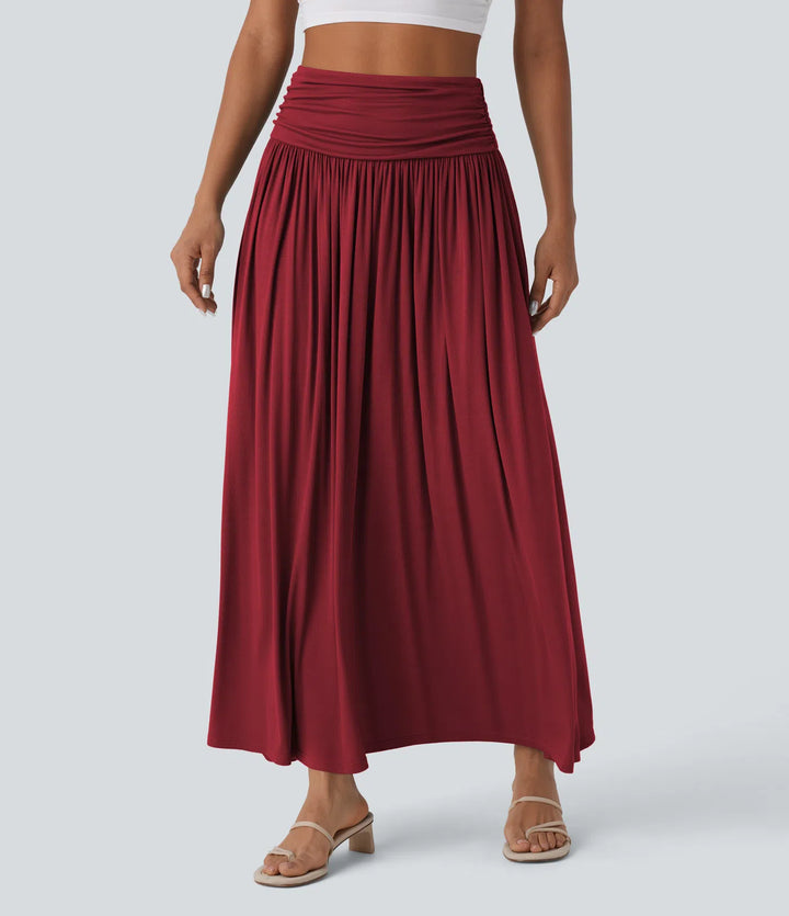 High Waisted Ruched Flowy Maxi Casual Skirt