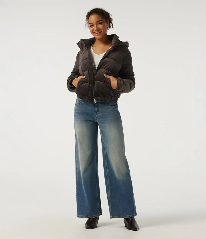 Ribbed Knit Removable Hood Long Sleeve Fleece Casual Padded Jacket with Pockets