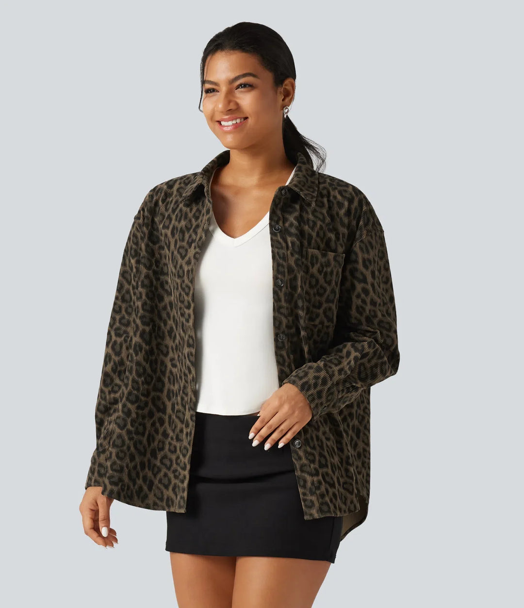 Leopard Print Long Sleeve Corduroy Casual Shirt Jacket with Pocket