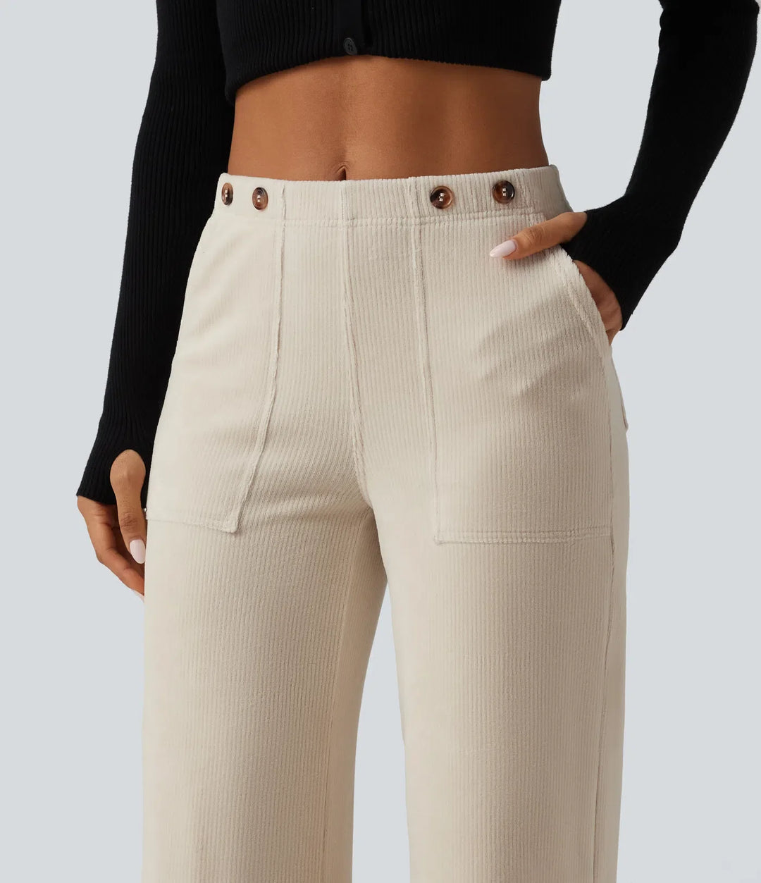 Mid Rise Wide Leg Corduroy Casual Pants with Pockets