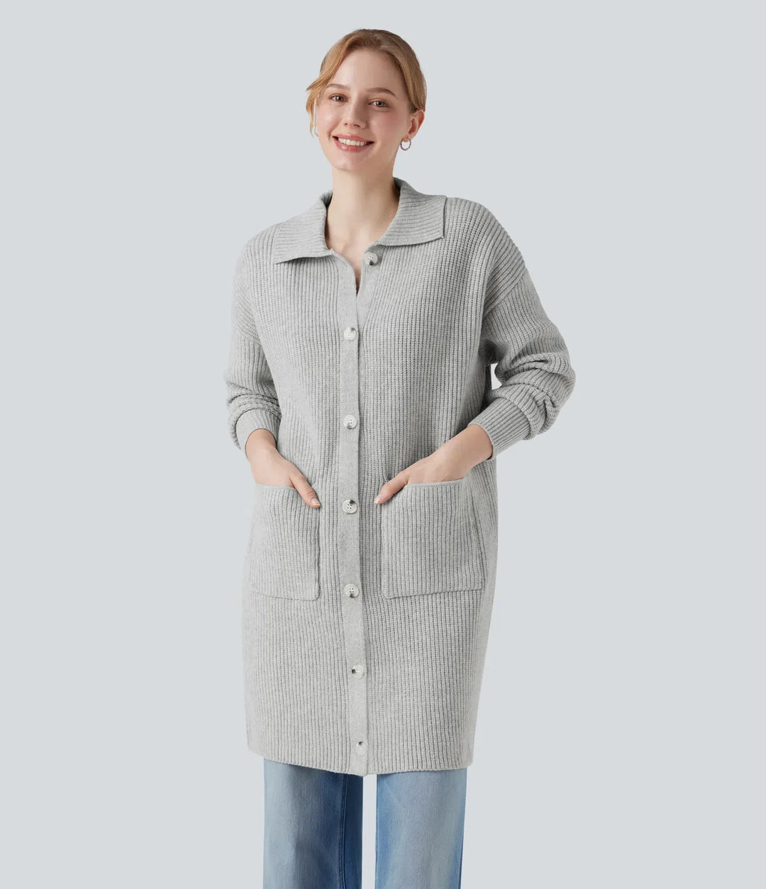Collar Long Sleeve Button Fly Casual Longline Cardigan with Pockets