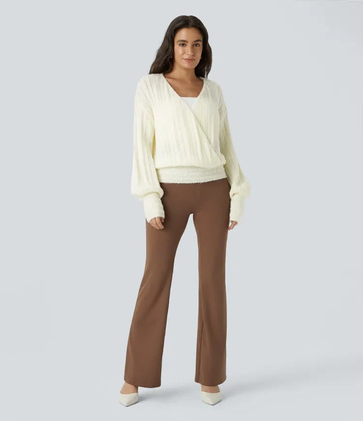 Sheer V Neck Long Sleeve Work Sweater-Front and Back Wearable