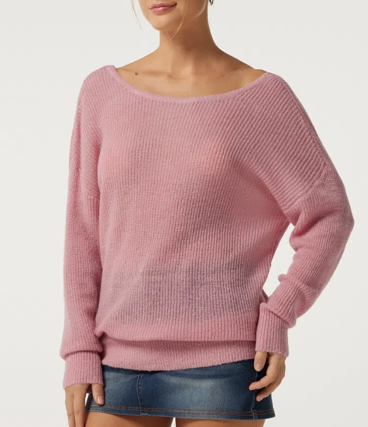 One Shoulder Crisscross Back Dropped Long Sleeve Relaxed Casual Sweater