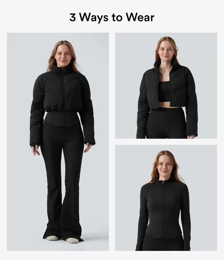 PuffFlex 3-in-1 Stand Collar Casual Cropped Puffer Coat &amp; Thumb Holes Curved Hem Jacket with Pocket