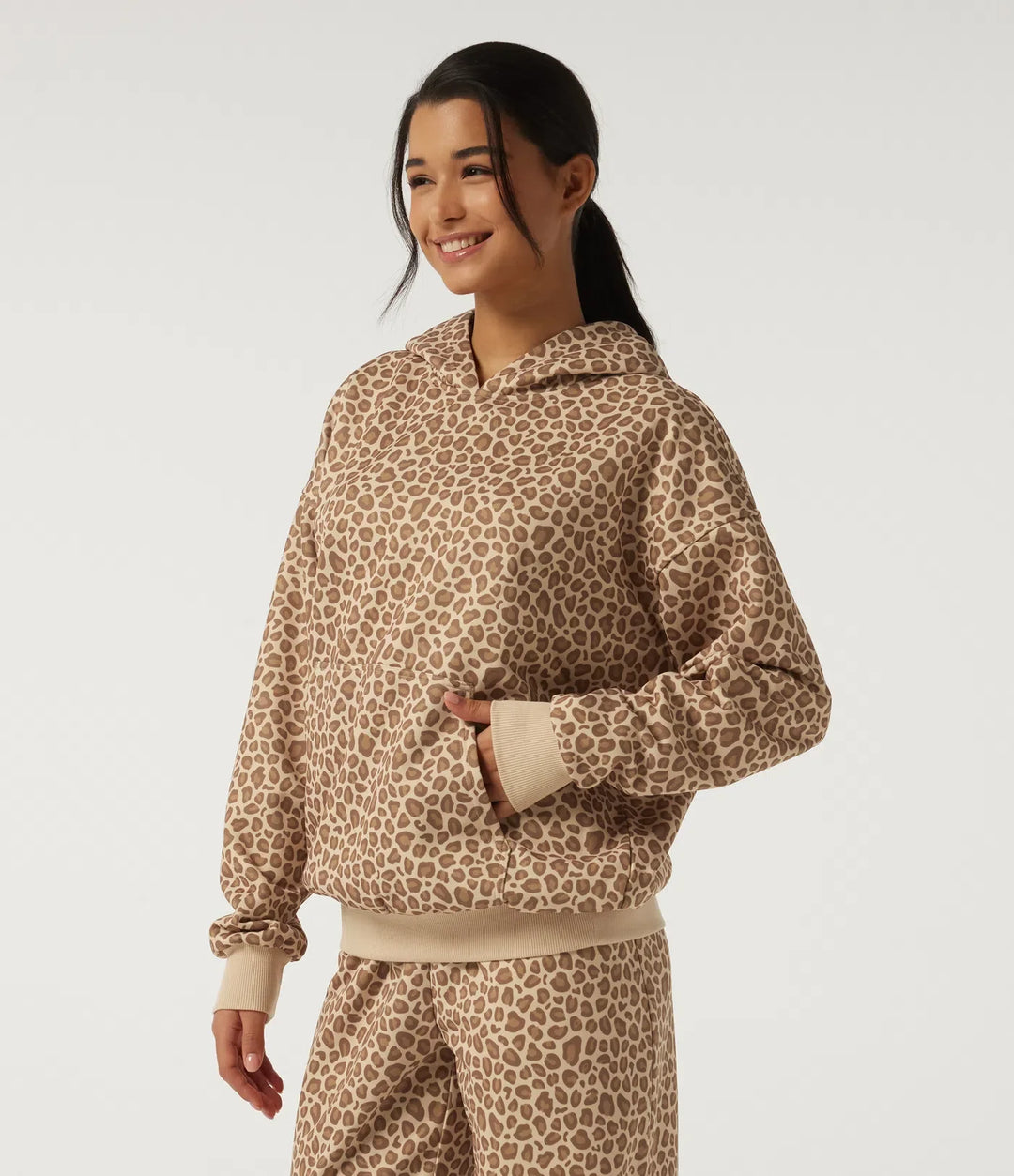 Hooded Long Sleeve Leopard Print Casual Sweatshirt with Pocket