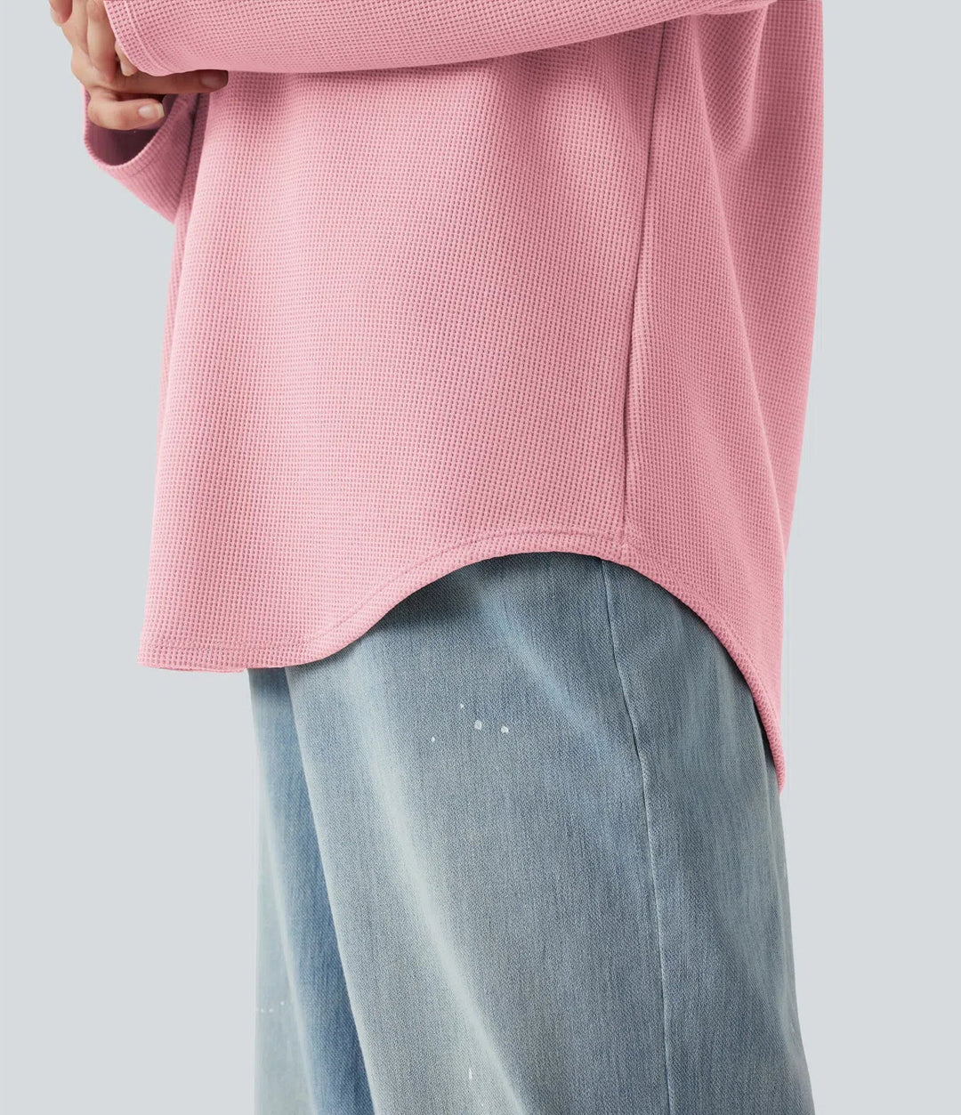 Hooded Drawstring Long Sleeve Curved Hem Waffle Casual Sweatshirt with Pocket