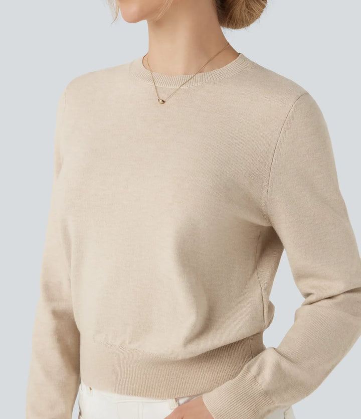 Round Neck Long Sleeve Wool-Blend Work Sweater