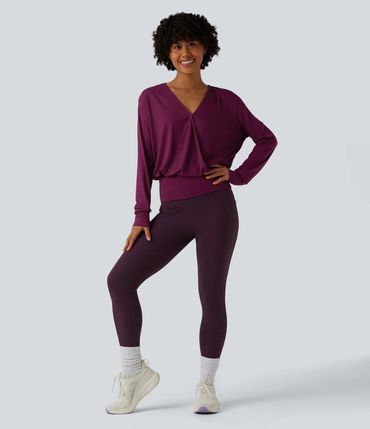 V Neck Crossover Long Sleeve Work Blouse