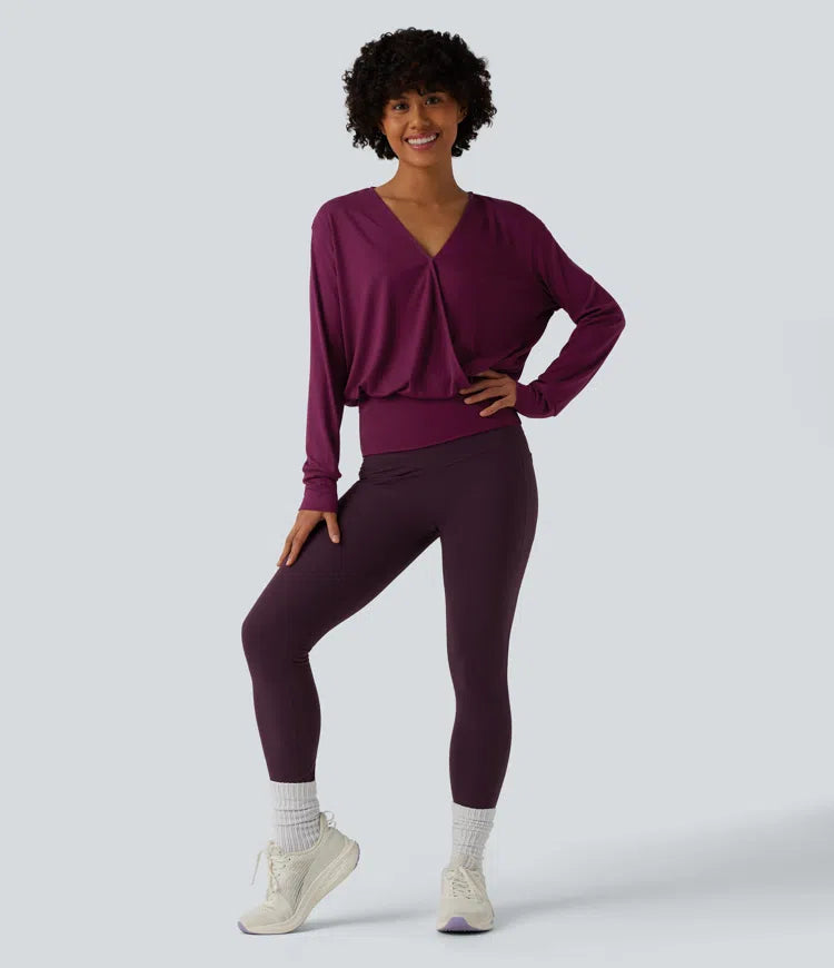 V Neck Crossover Long Sleeve Work Blouse