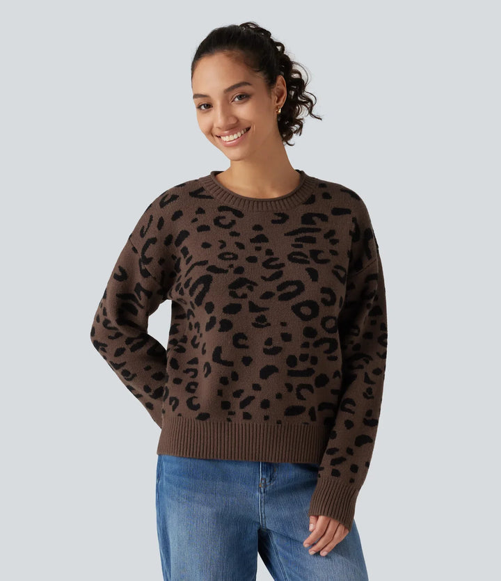 Round Neck Leopard Print Long Sleeve Casual Sweater