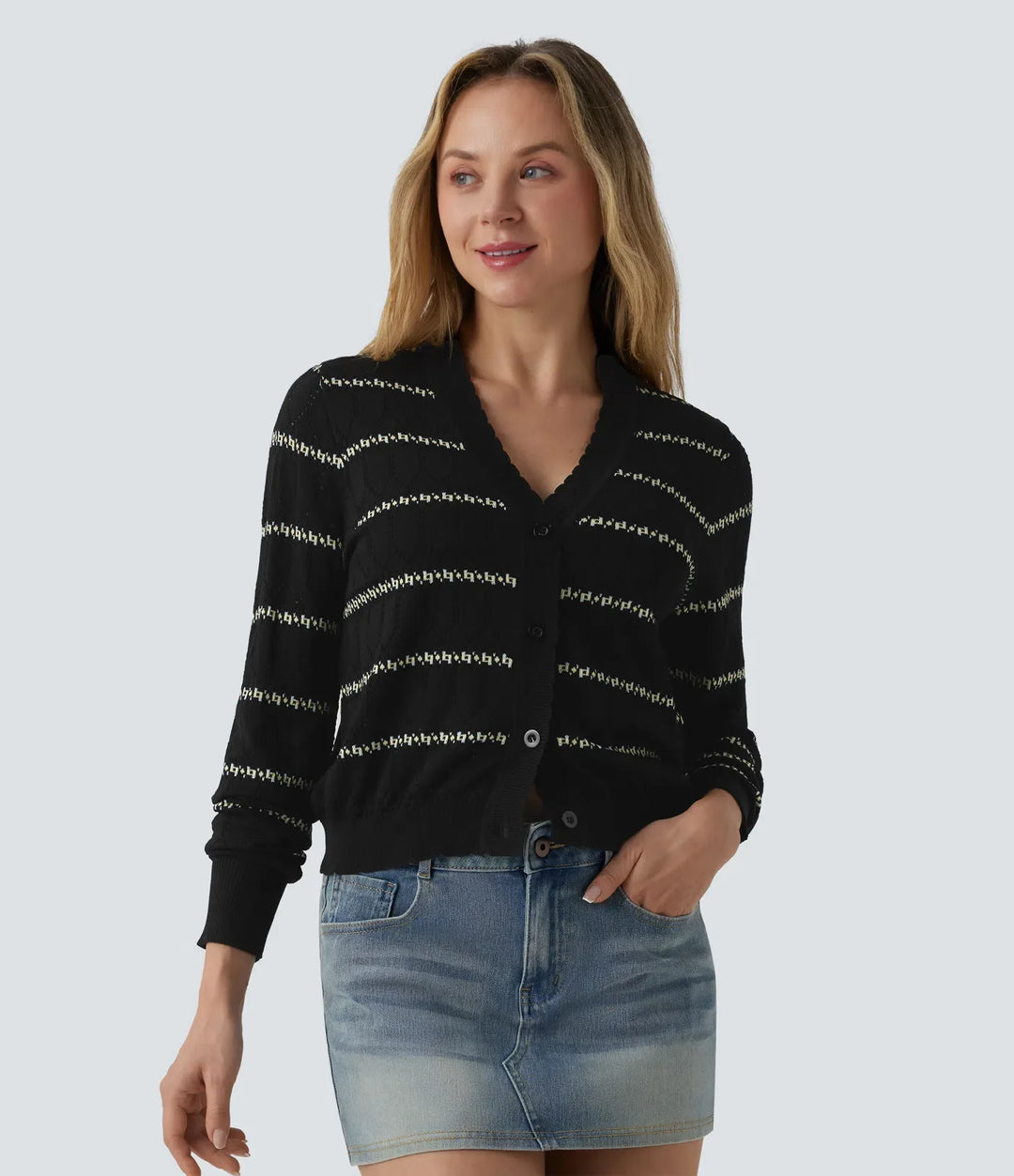 V Neck Long Sleeve Color Block Sweater Knit Cardigan