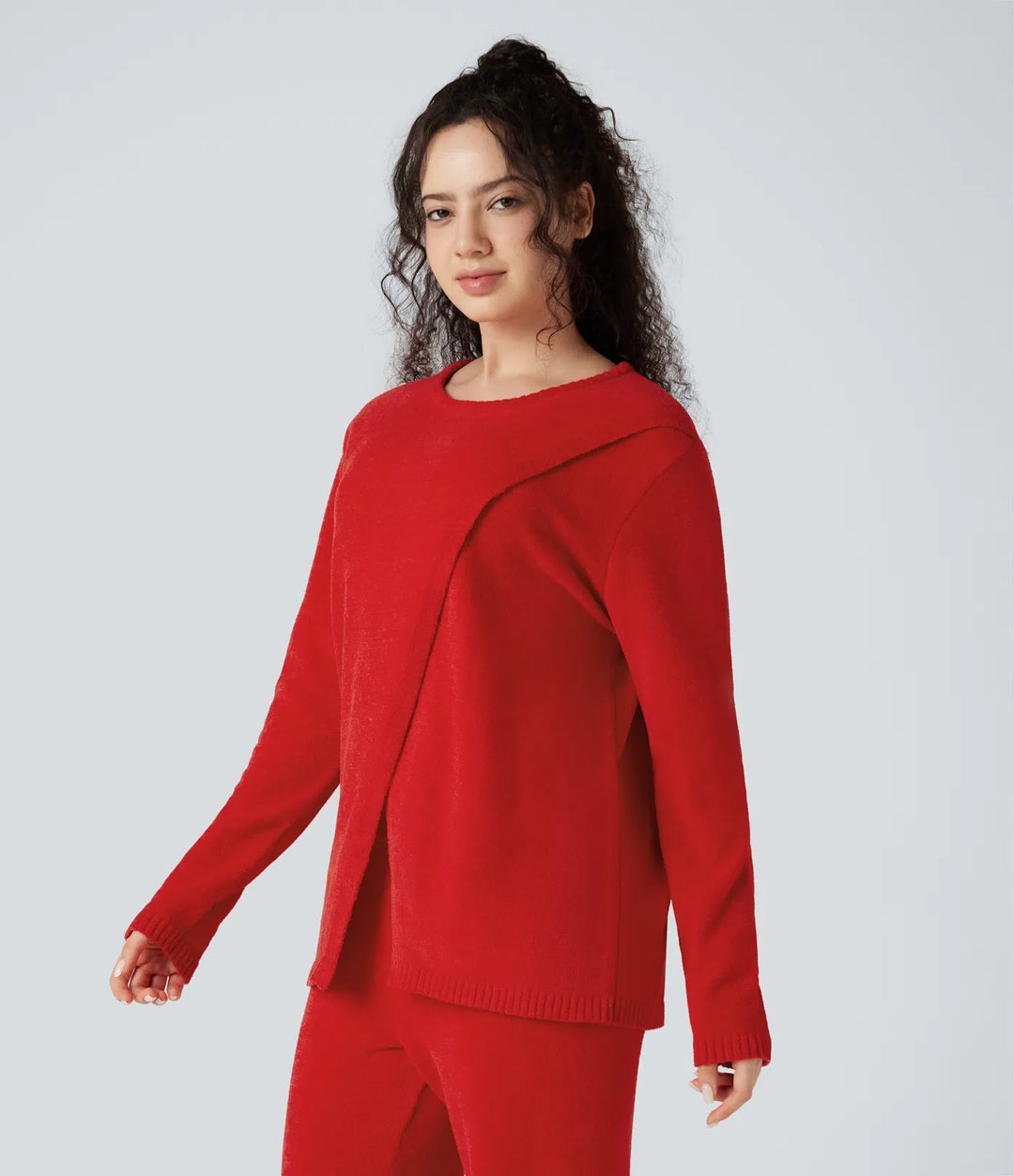 Round Neck Long Sleeve Sweater Knit Lounge Top