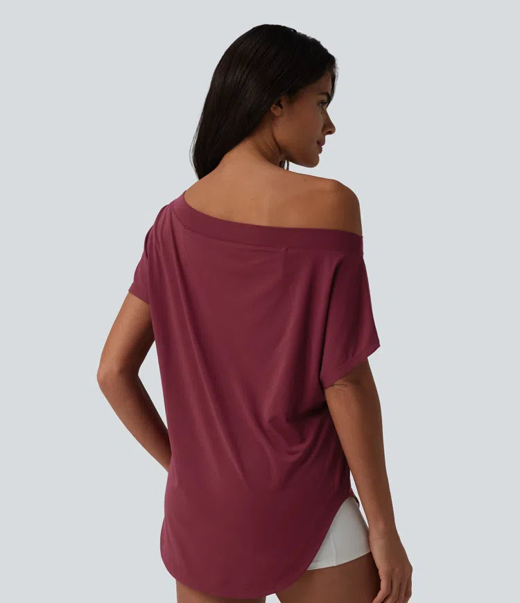 One Shoulder Short Sleeve Curved Hem High Low Quick Dry Yoga Sports Top-Built-in Bra