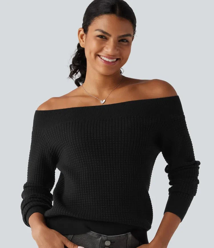 Off Shoulder Long Sleeve Casual Wool-Blend Sweater