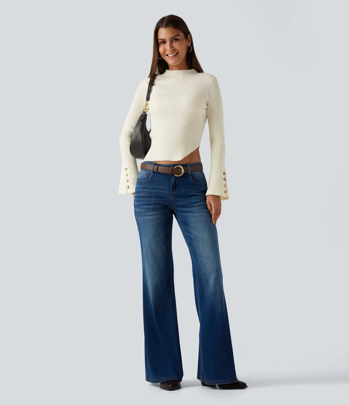 Ribbed Knit Stand Collar Flounce Sleeves Asymmetric Hem Slim Work Sweater