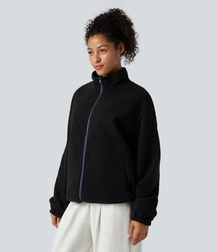 Reversible High Neck Long Sleeve Zipper Fleece Hiking Jacket with Pockets (Two Looks in One)